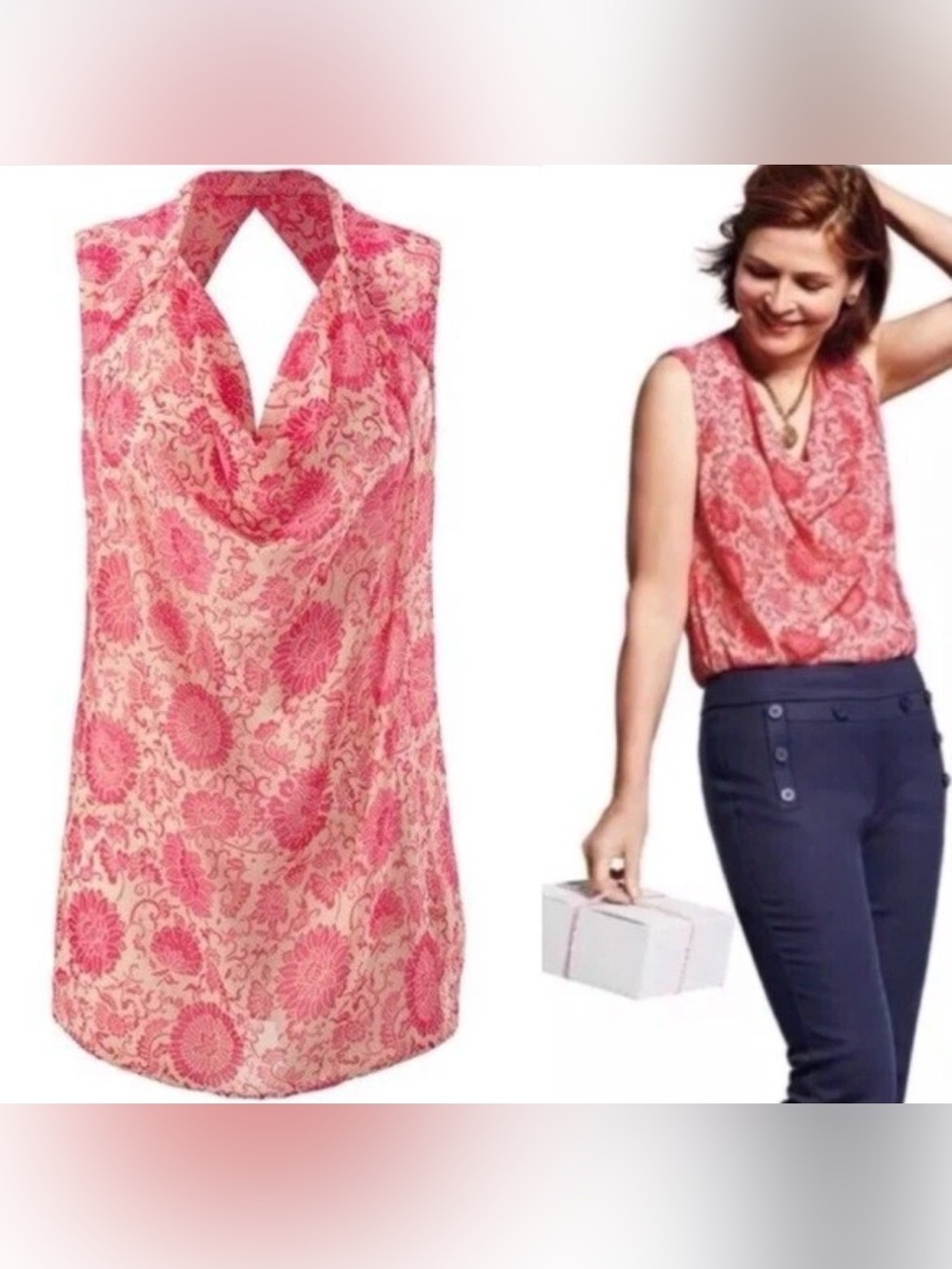 🌺 CAbi #5037 Vita Blouse Pink Floral Paisley Draped Neck Sleeveless Top Sz M